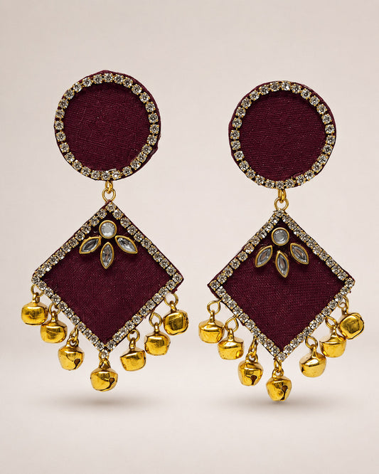 Wine Kundan Earrings with Gold Ghungroo Bells