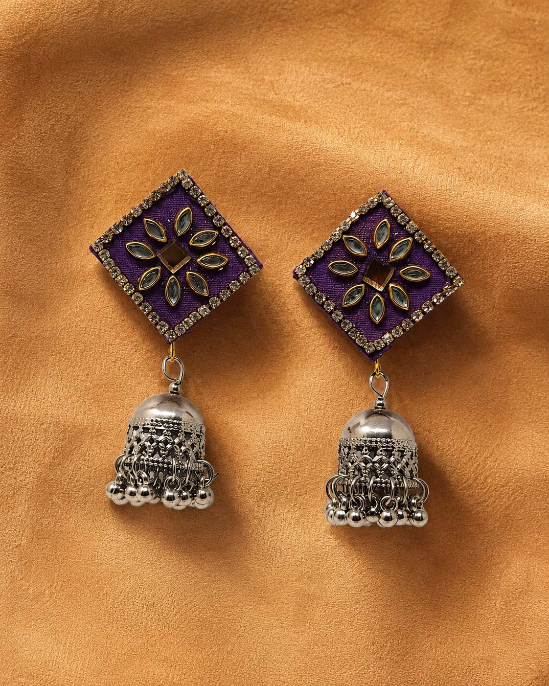 Purple Kundan Earrings with Oxidised Silver Jhumka