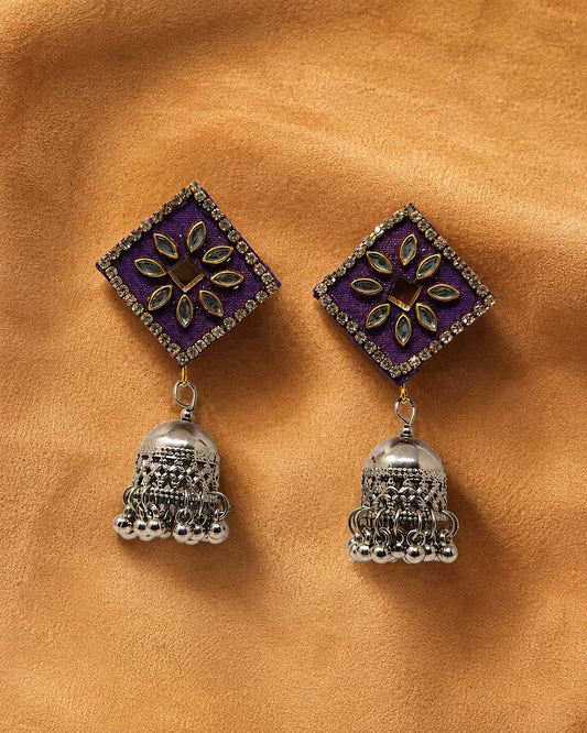 Purple Kundan Earrings with Oxidised Silver Jhumka