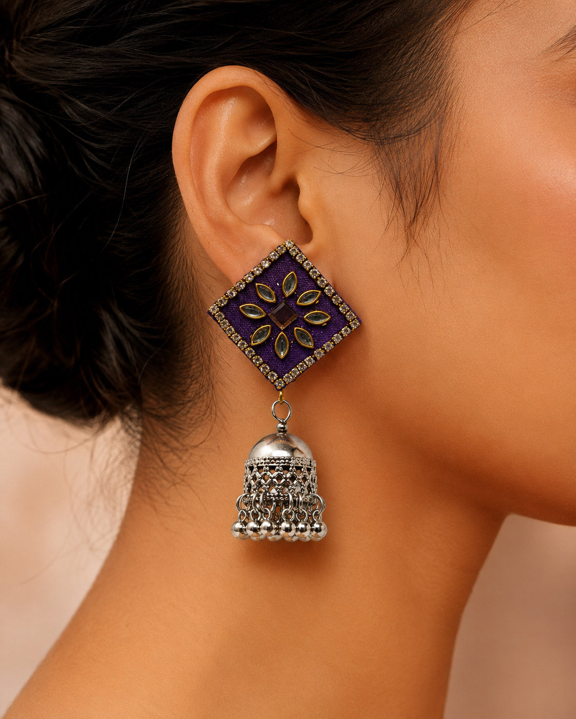 Purple Kundan Earrings with Oxidised Silver Jhumka