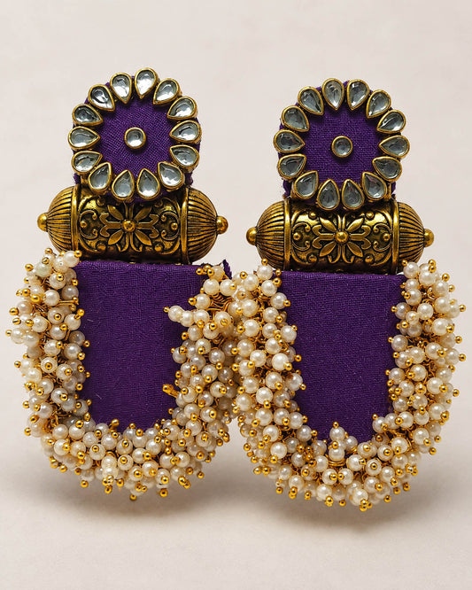 Purple Kundan Earrings with Antique Gold & Pearl Fringe – Statement