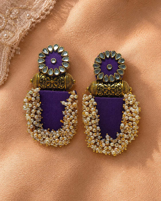 Purple Kundan Earrings with Antique Gold & Pearl Fringe – Statement