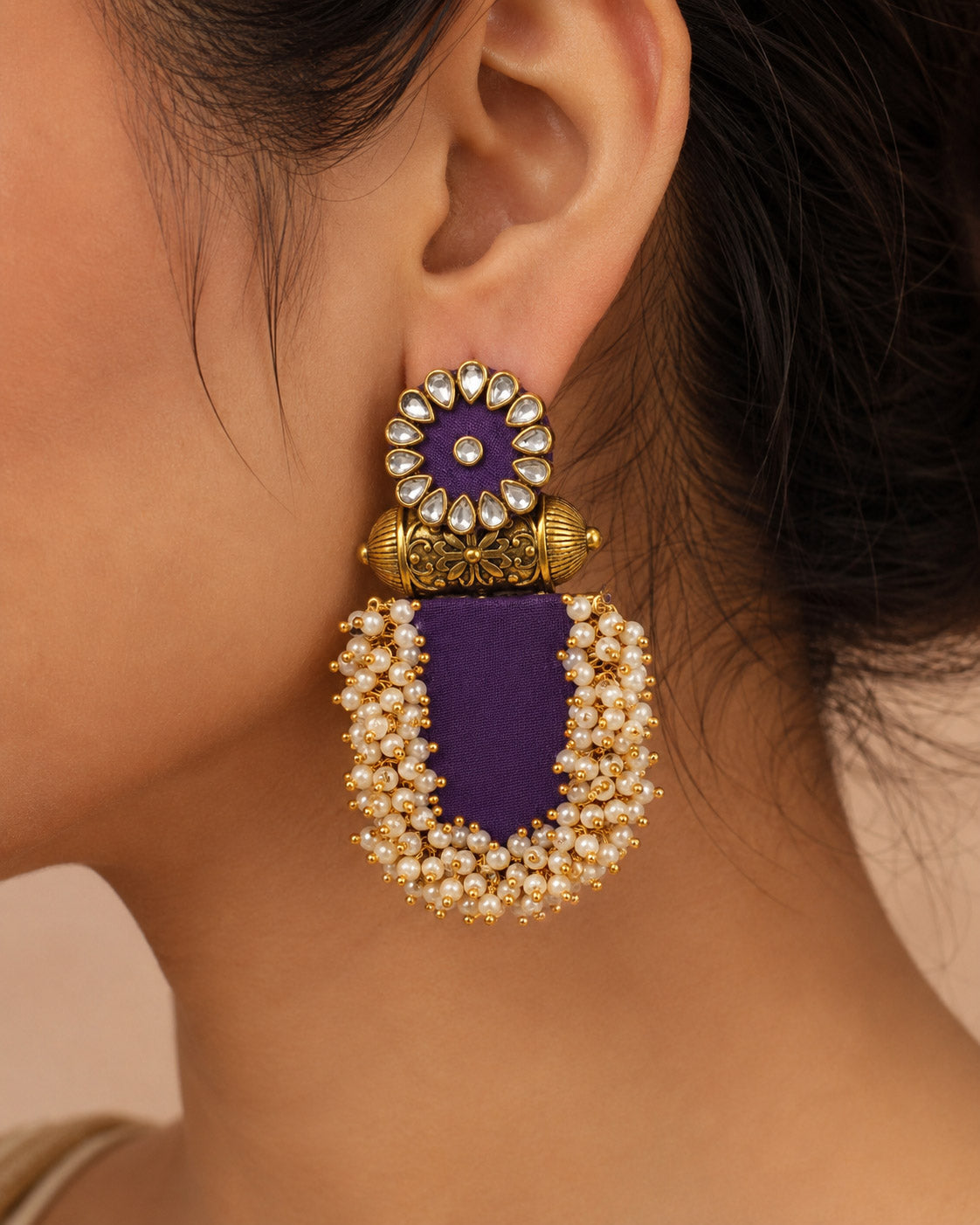 Purple Kundan Earrings with Antique Gold & Pearl Fringe – Statement