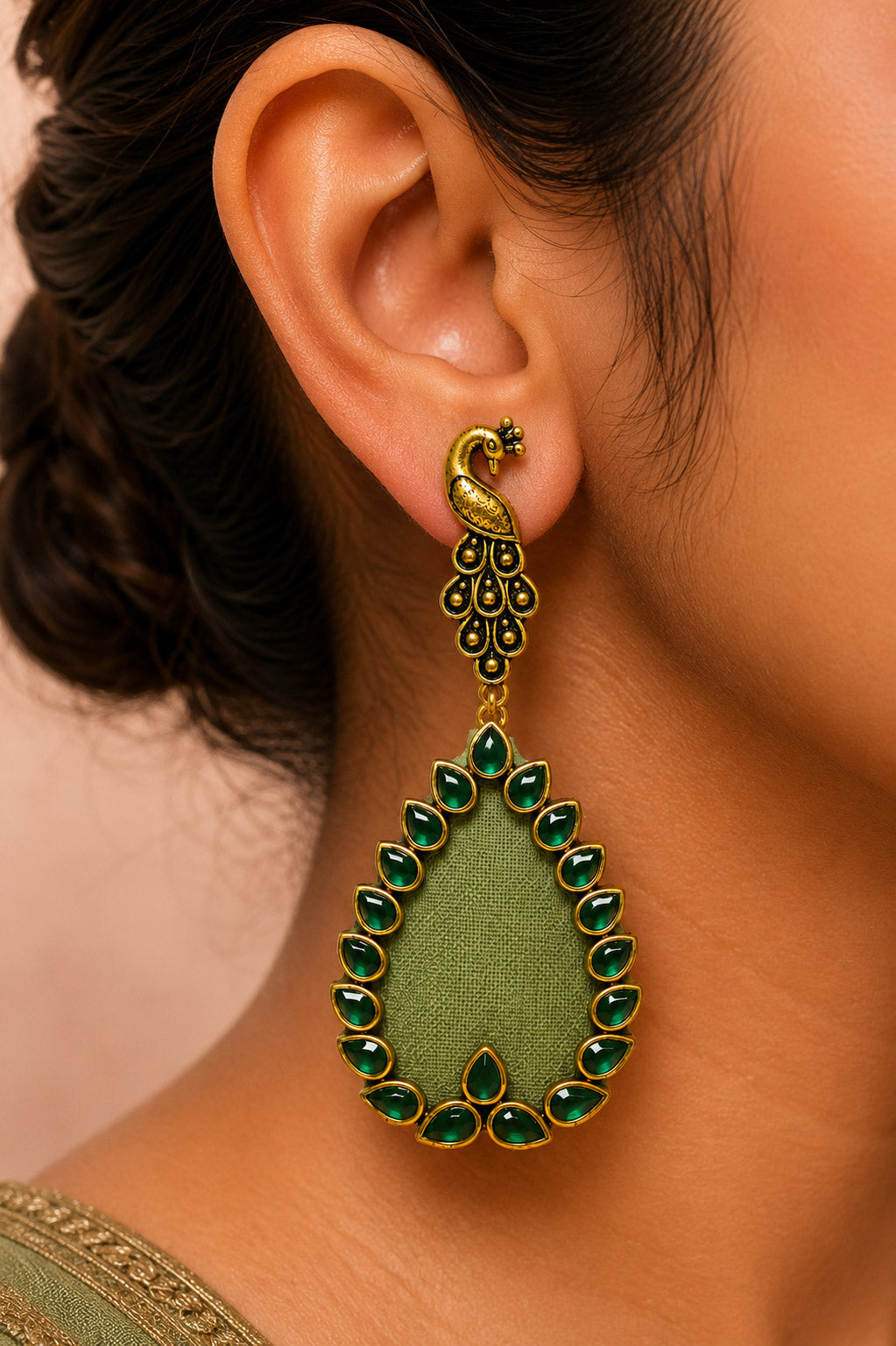 Sage Green Peacock Motif Earrings – Antique Gold Kundan Jewellery
