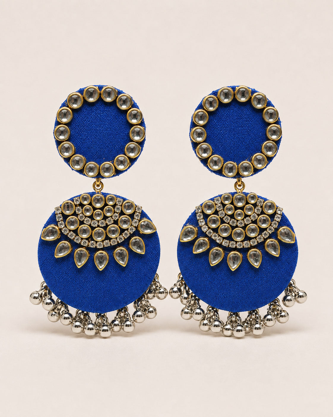 Royal Blue Kundan Chandbali Earrings with Silver Tassels