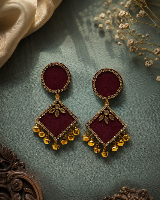 Wine Kundan Earrings with Gold Ghungroo Bells