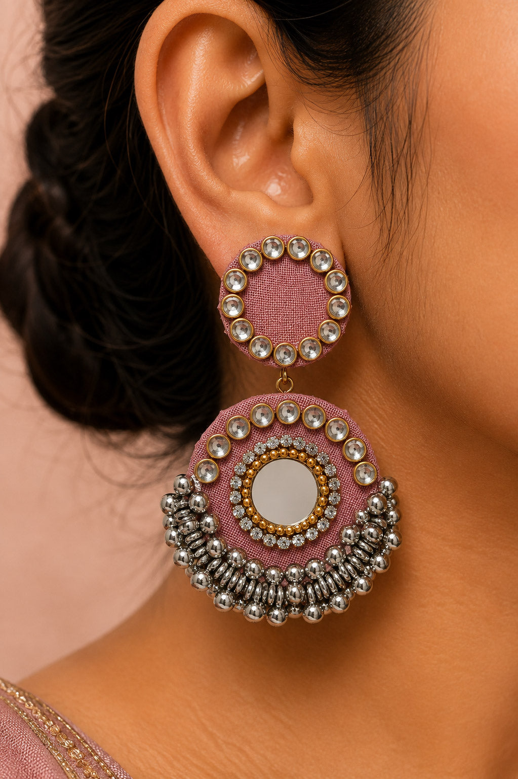 Dusty Pink Mirror Work Earrings with Silver Bead Fringe