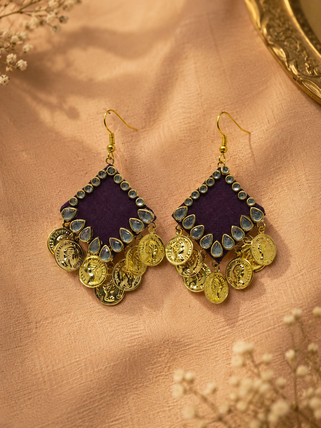 Purple Kundan Earrings with Gold Coin Charms – Boho Statement