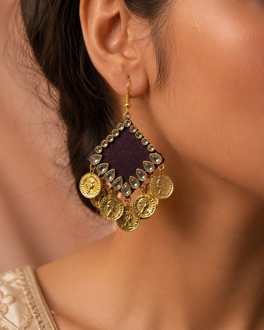 Purple Kundan Earrings with Gold Coin Charms – Boho Statement