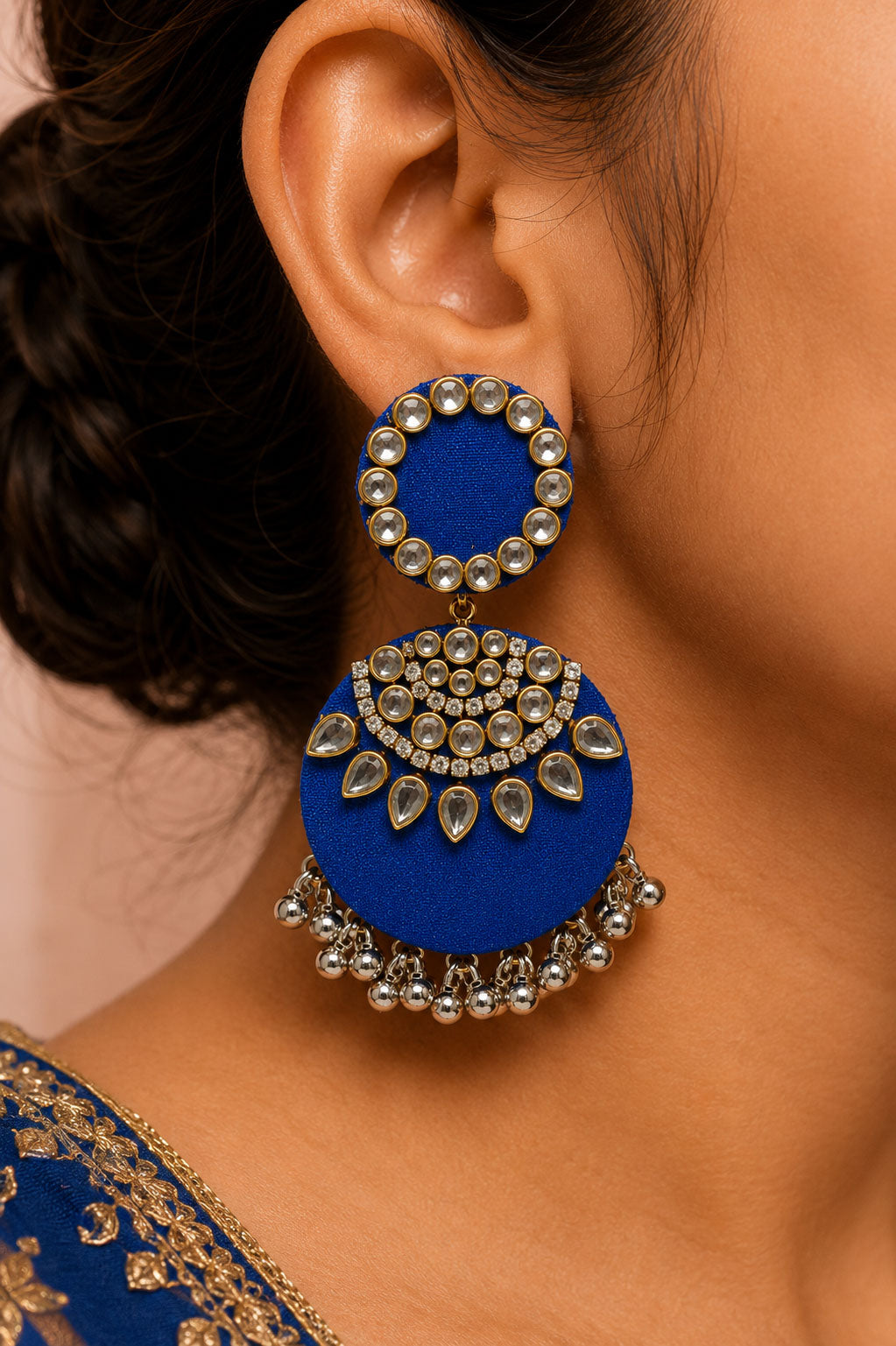 Royal Blue Kundan Chandbali Earrings with Silver Tassels