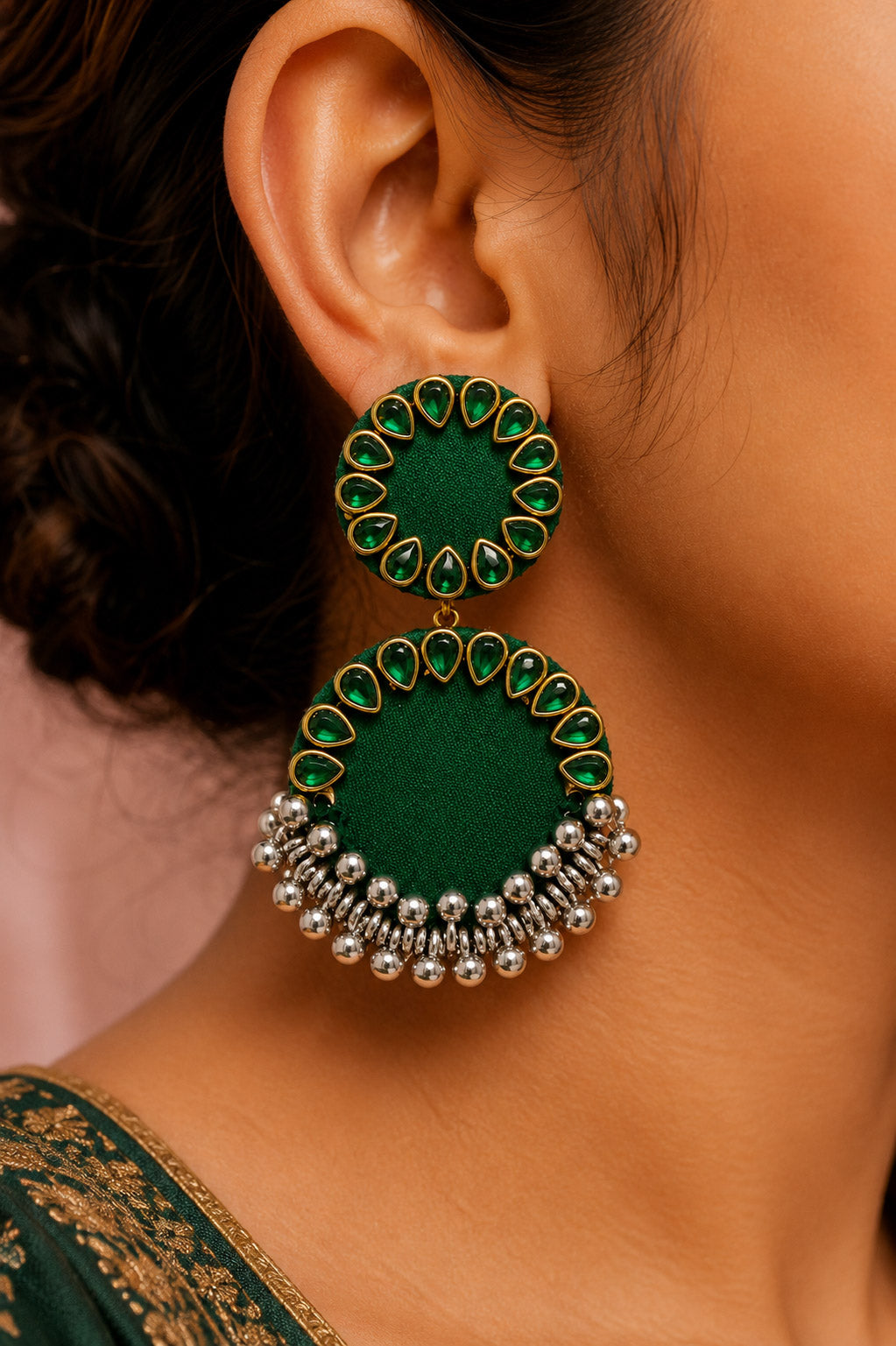 Green Kundan Earrings with Silver Ghungroo Drops – Statement Jhumka
