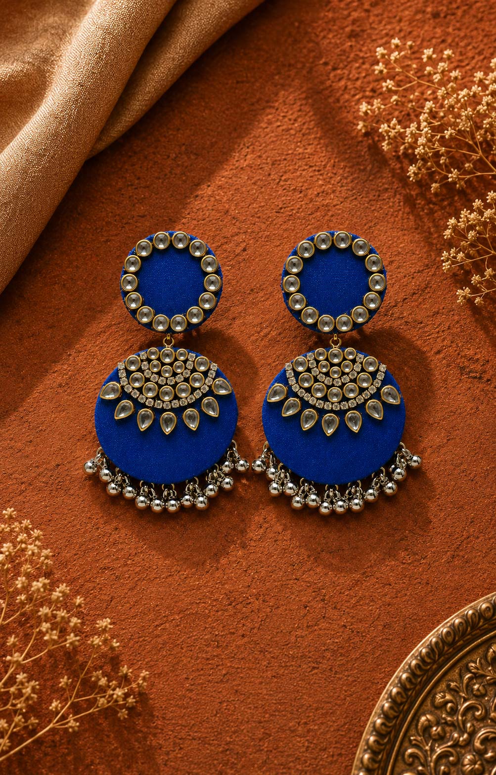 Royal Blue Kundan Chandbali Earrings with Silver Tassels