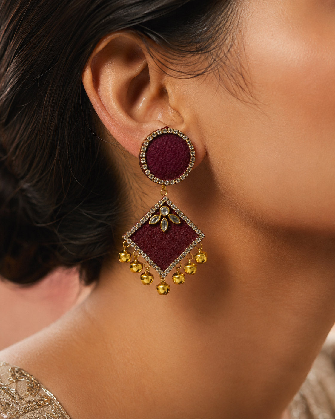 Wine Kundan Earrings with Gold Ghungroo Bells