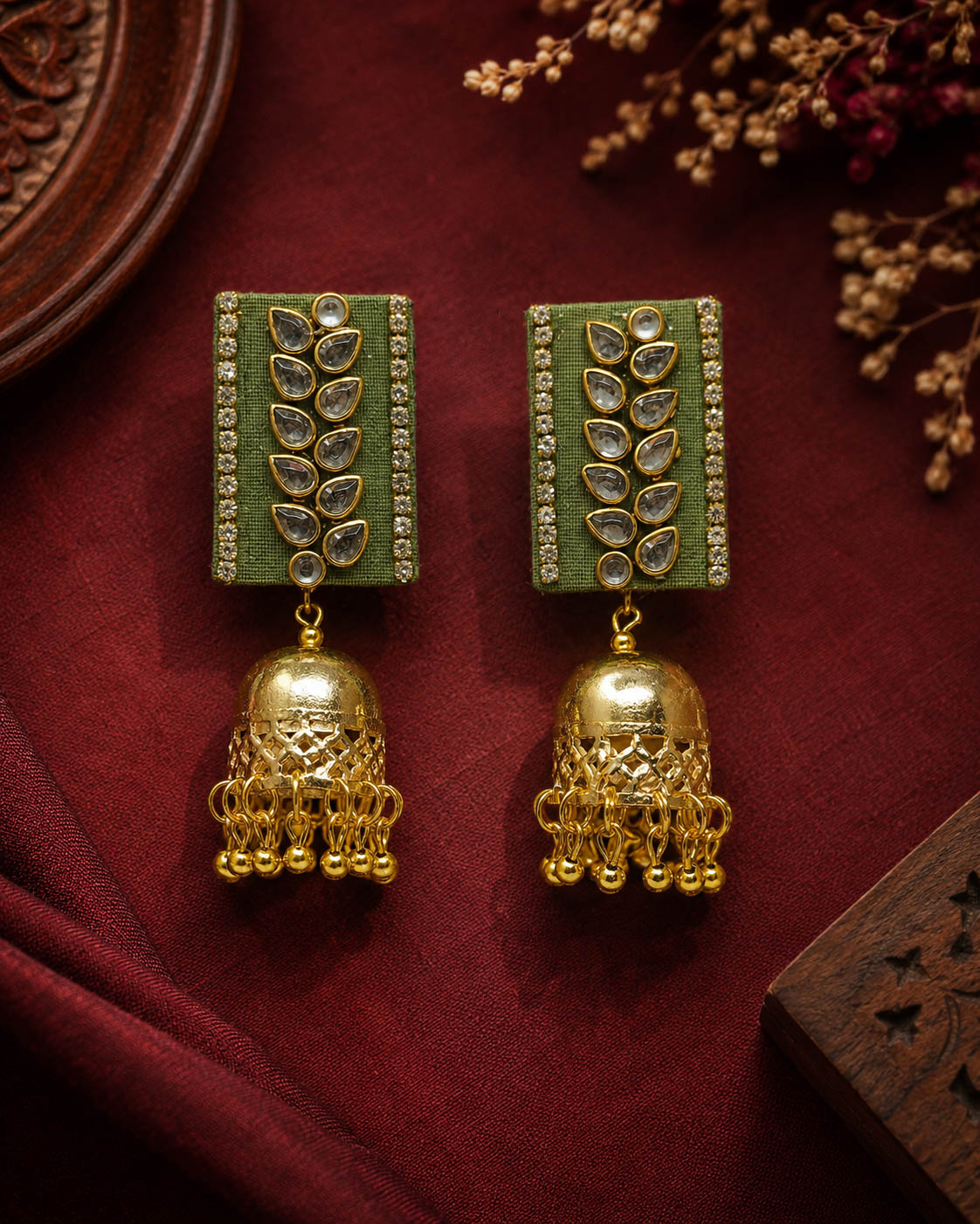 Sage Green Kundan Leaf Motif Jhumka Earrings