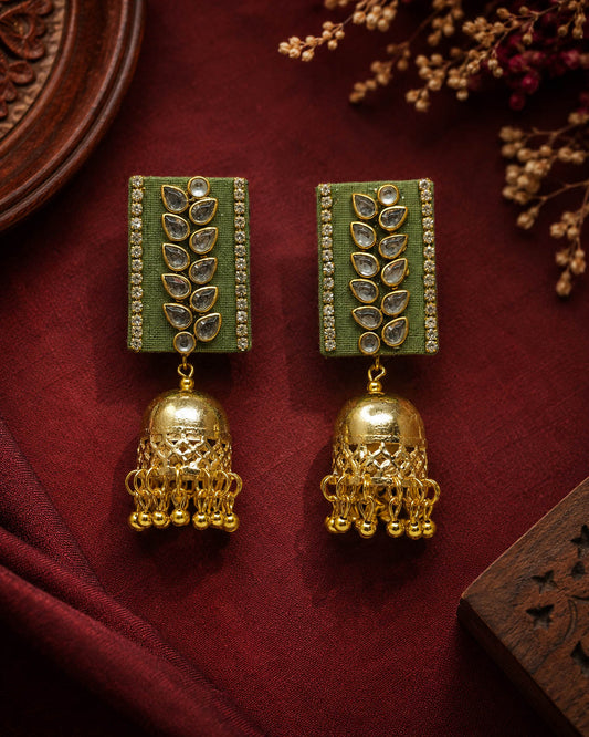 Sage Green Kundan Leaf Motif Jhumka Earrings
