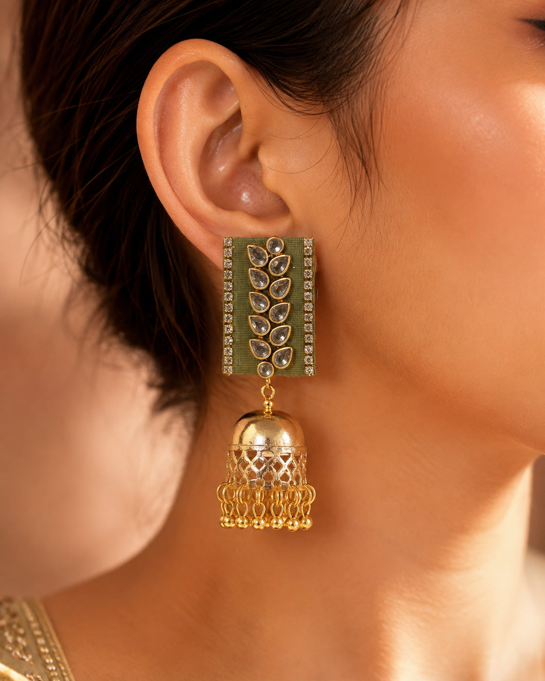 Sage Green Kundan Leaf Motif Jhumka Earrings