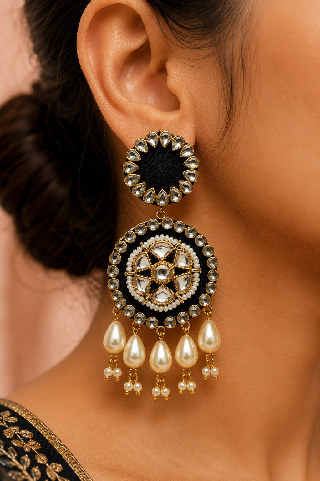Black Kundan Star Chandbali Earrings with Pearl Drops