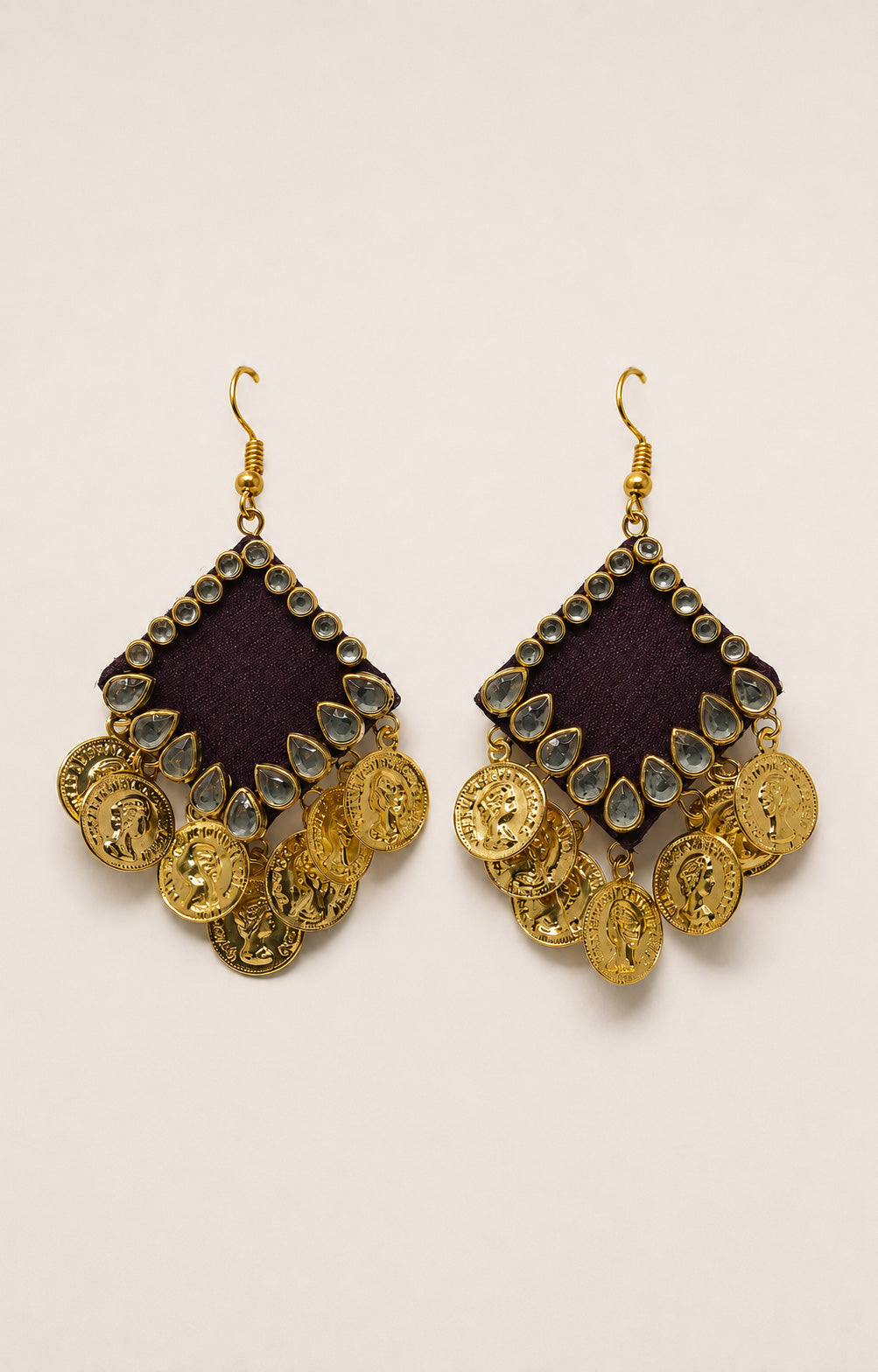 Purple Kundan Earrings with Gold Coin Charms – Boho Statement