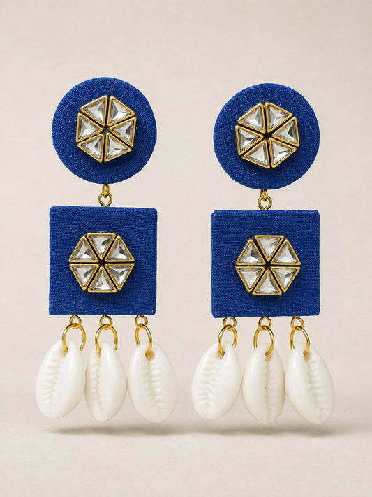 Royal Blue Kundan Earrings with Cowrie Shell Tassels – Boho Jewellery