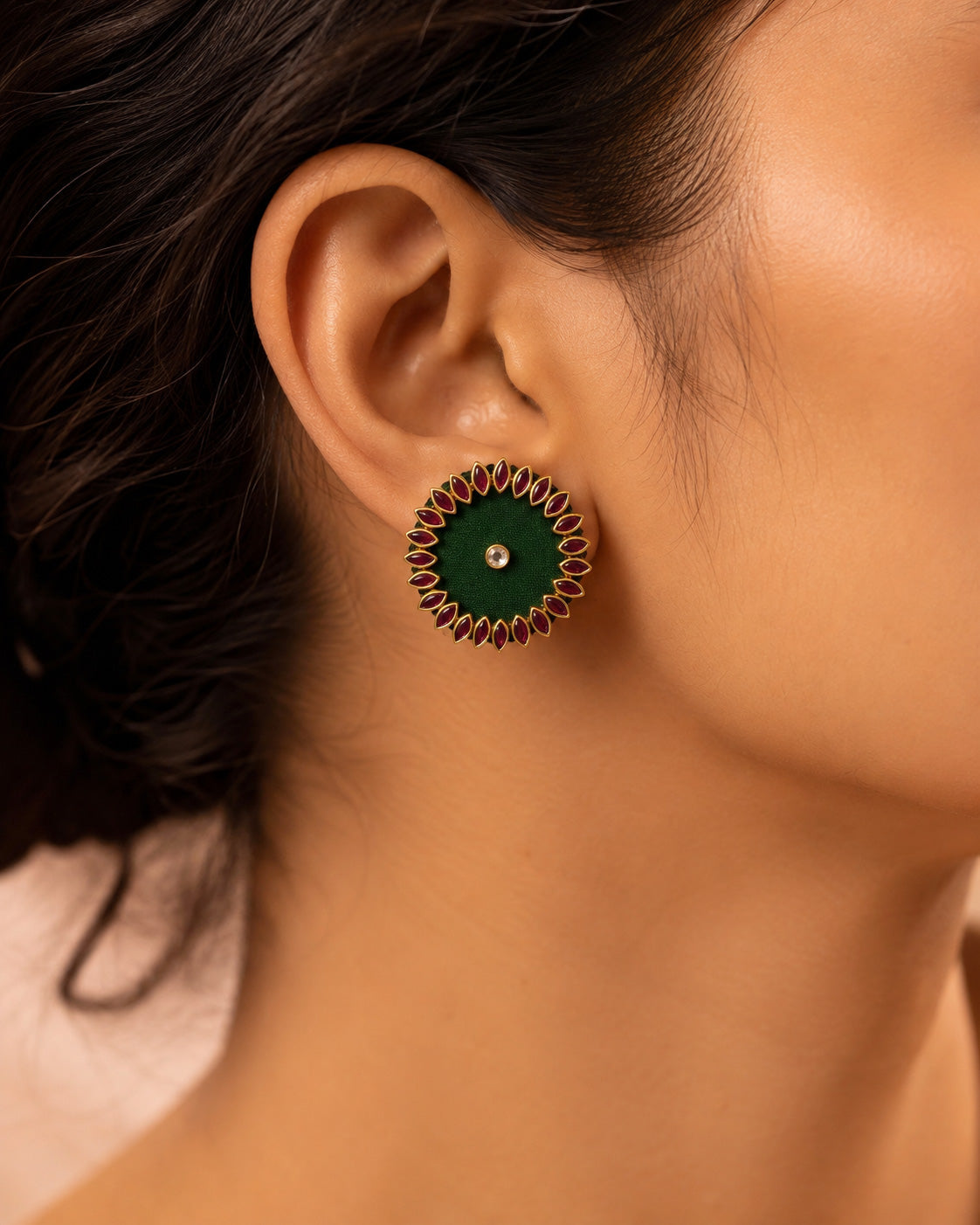 Green & Maroon Kundan Stud Earrings – Petal Border Jewellery