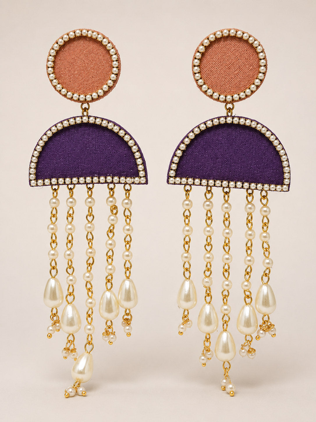 Peach & Purple Pearl Waterfall Earrings – Statement Fringe Jhumka