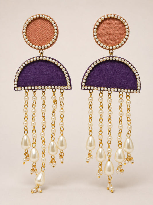 Peach & Purple Pearl Waterfall Earrings – Statement Fringe Jhumka