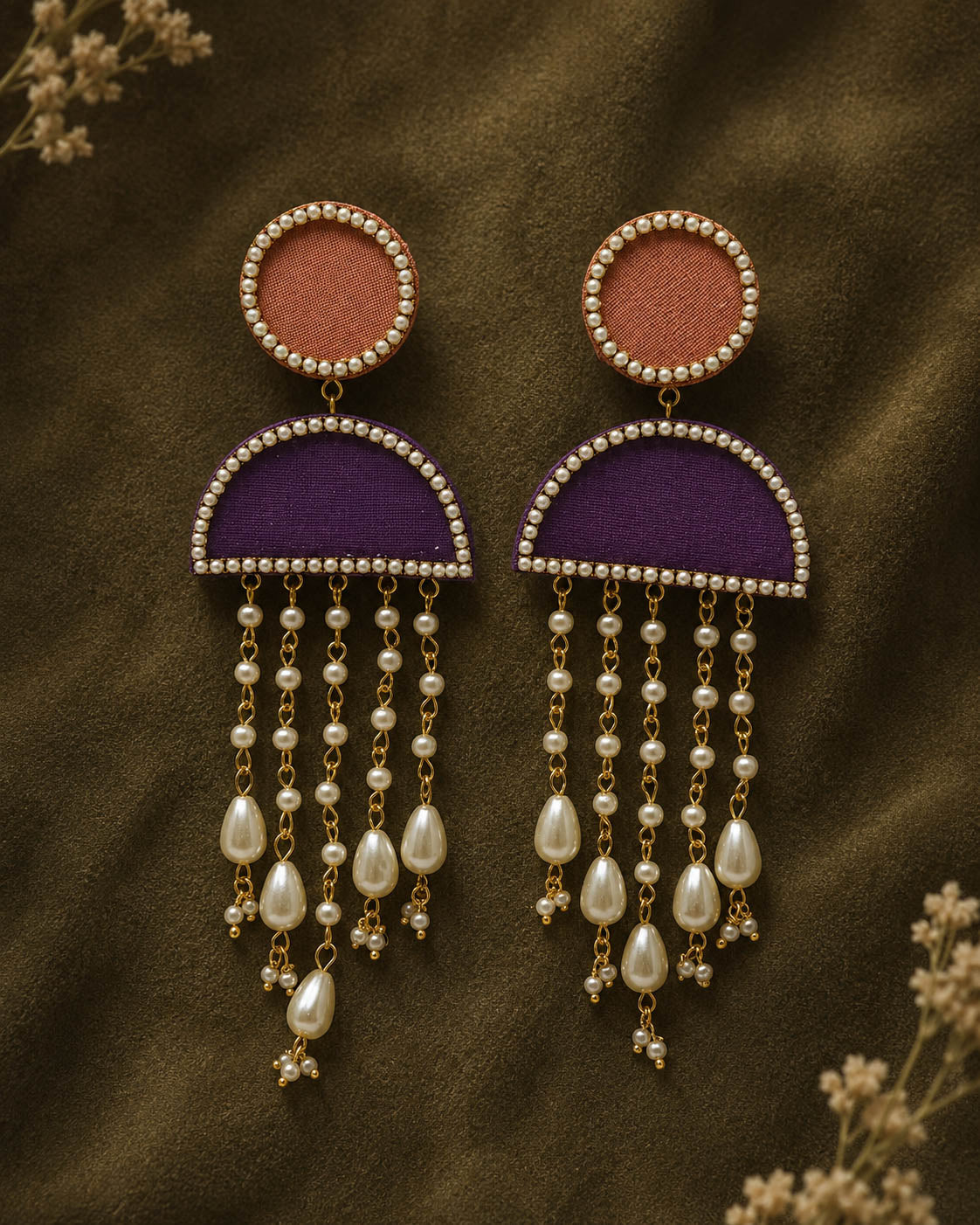 Peach & Purple Pearl Waterfall Earrings – Statement Fringe Jhumka