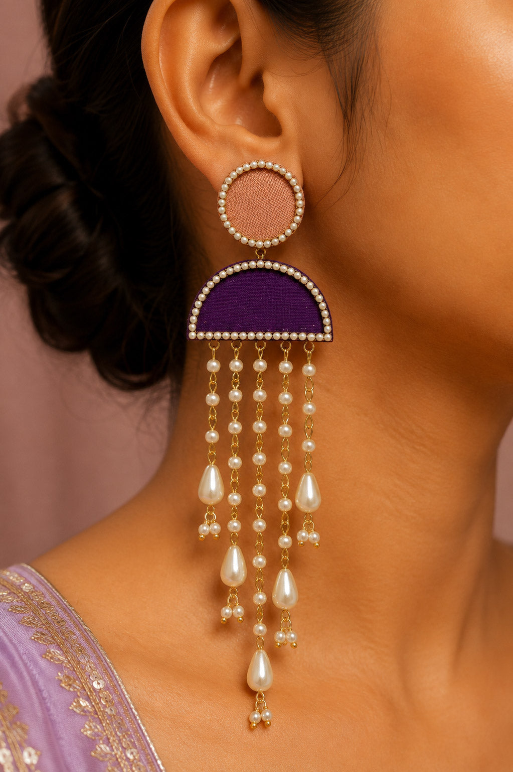 Peach & Purple Pearl Waterfall Earrings – Statement Fringe Jhumka