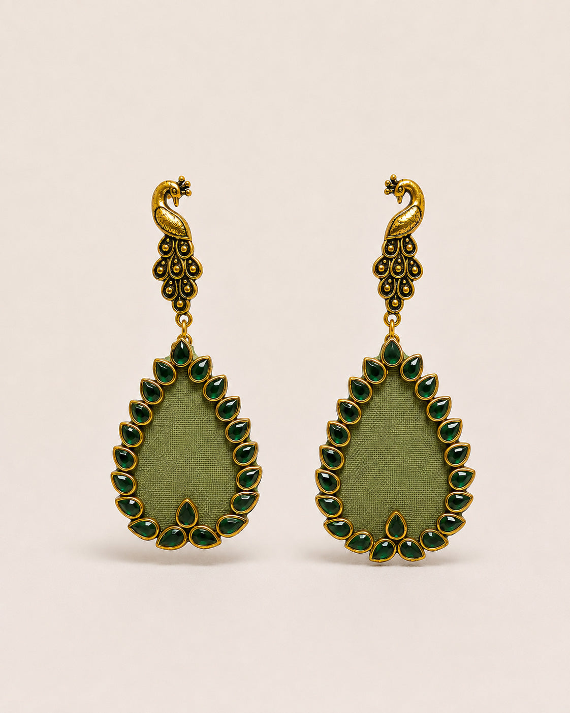 Sage Green Peacock Motif Earrings – Antique Gold Kundan Jewellery