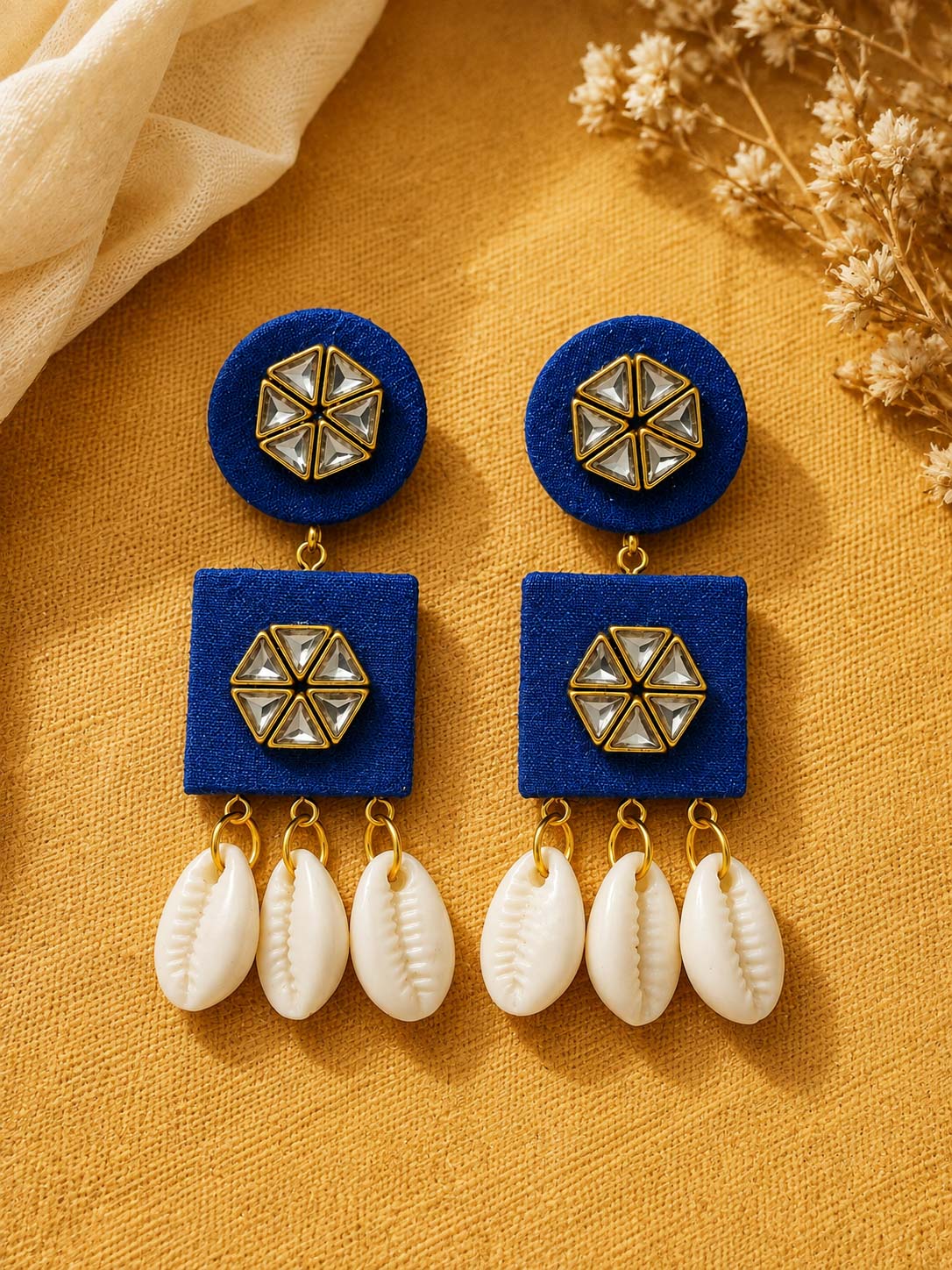 Royal Blue Kundan Earrings with Cowrie Shell Tassels – Boho Jewellery