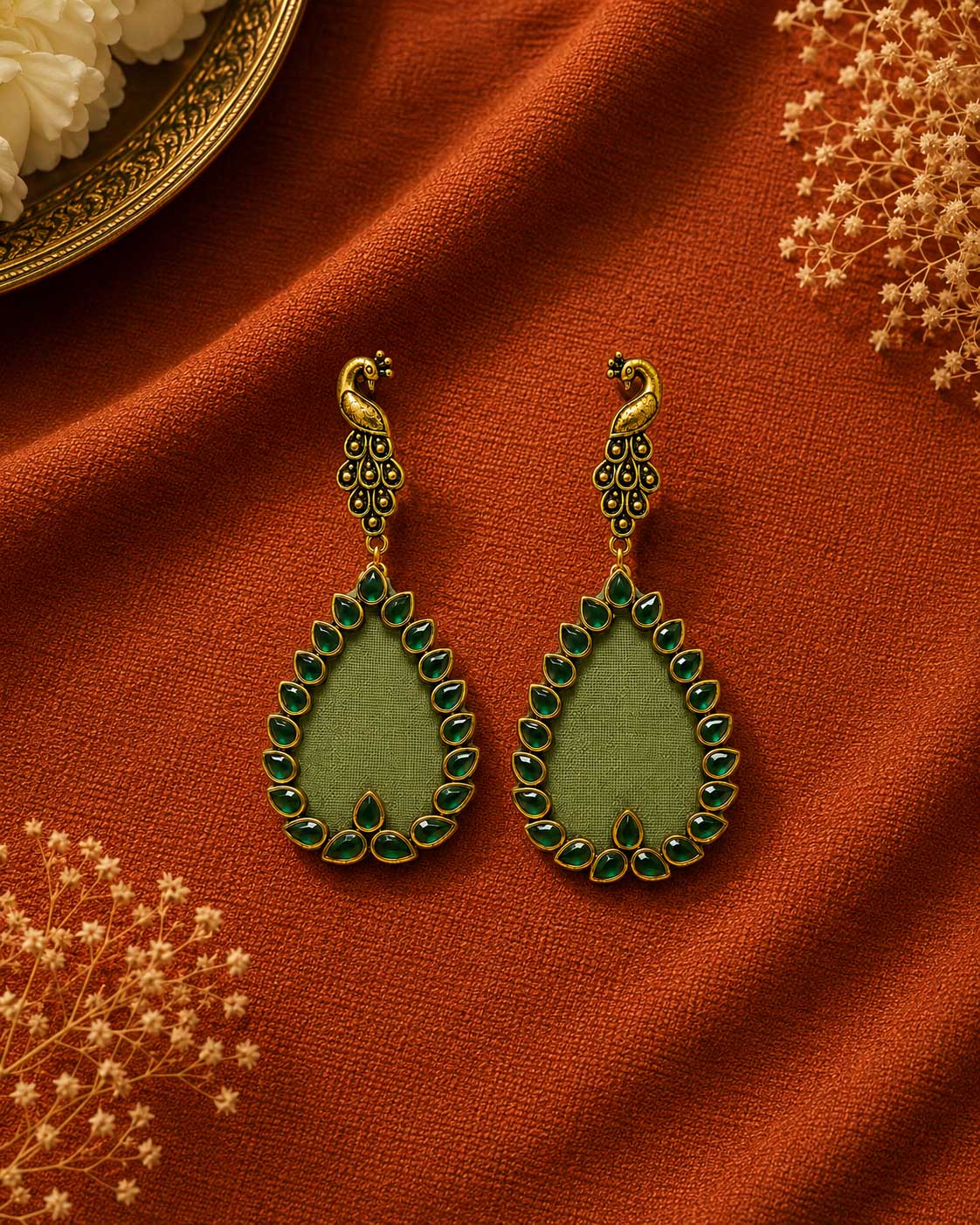 Sage Green Peacock Motif Earrings – Antique Gold Kundan Jewellery