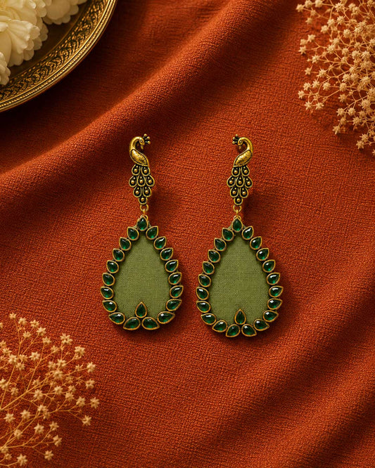 Sage Green Peacock Motif Earrings – Antique Gold Kundan Jewellery