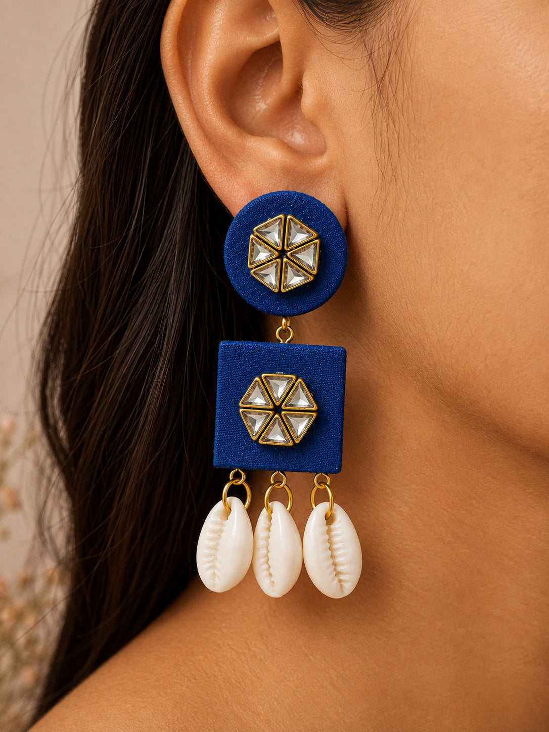 Royal Blue Kundan Earrings with Cowrie Shell Tassels – Boho Jewellery