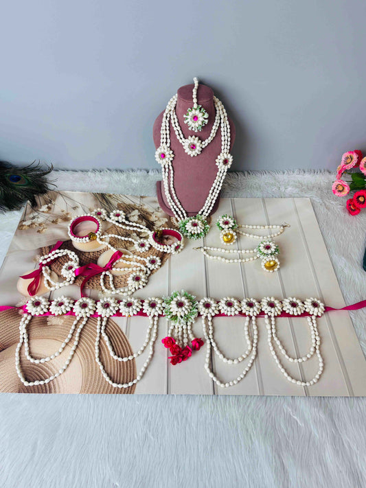 White Daisy Floral Jewellery Set with Beads – Handmade Haldi, Mehendi & Baby Shower Collection
