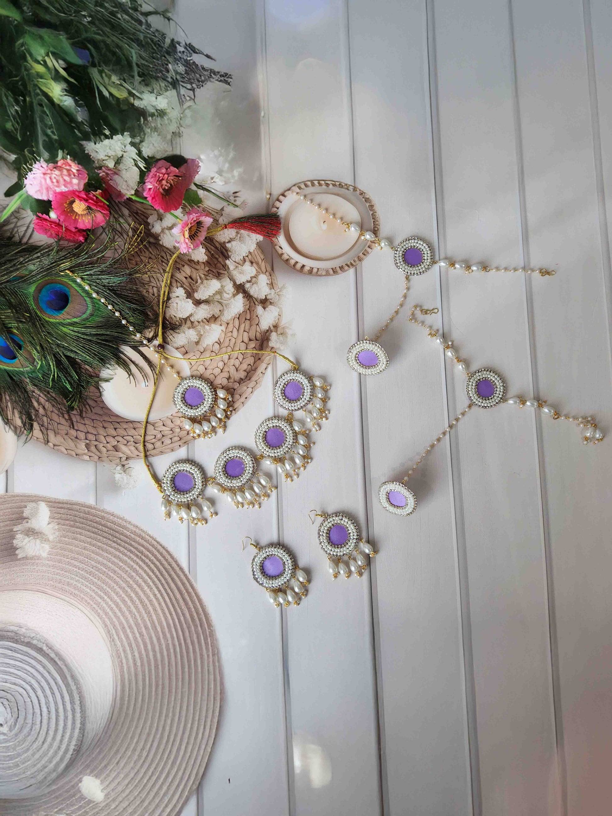 lavender flower jewellery Lavender Pearl Floral Jewellery Set for Haldi, Mehendi & Baby Shower – Saubhagyavati Jewellery