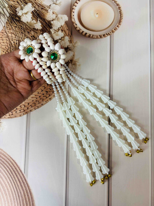 White Beaded Hand Kaleere with Green Stone – Handmade Bridal Mehendi & Wedding Accessories