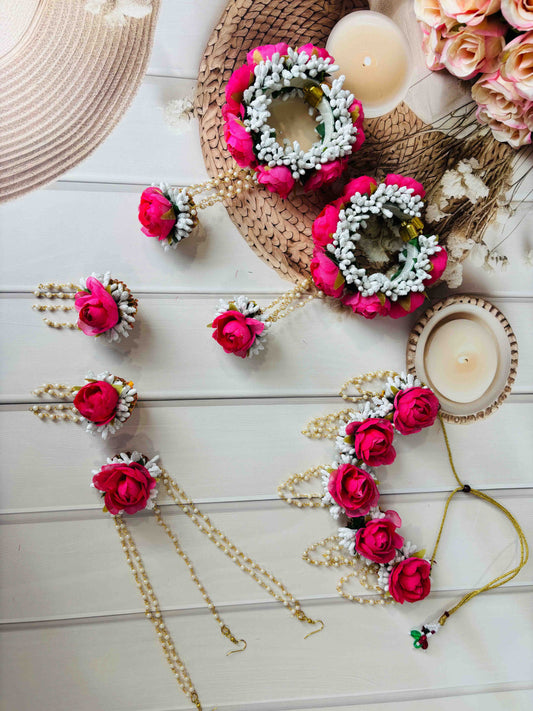 Pink Rose Floral Jewellery Set – Handmade Haldi, Mehendi & Baby Shower Accessories