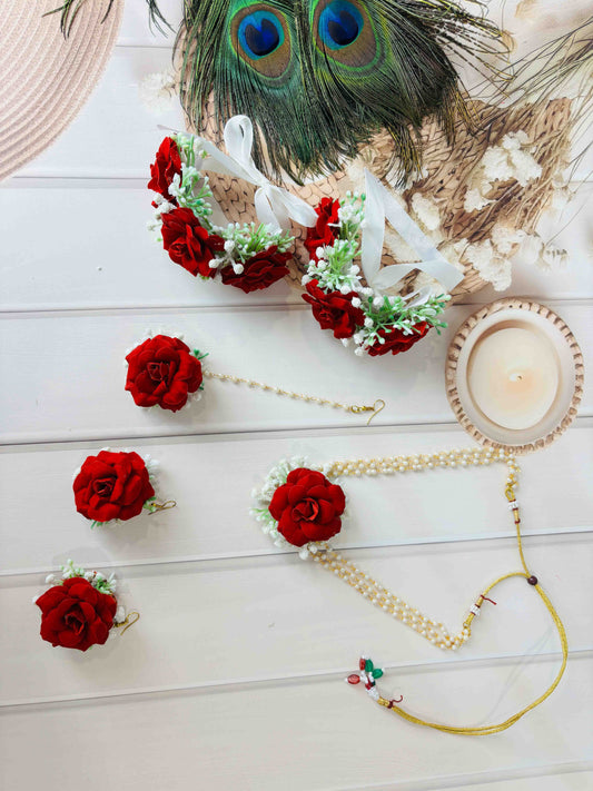Red Rose Floral Jewellery Set – Handmade Haldi, Mehendi & Bridal Accessories