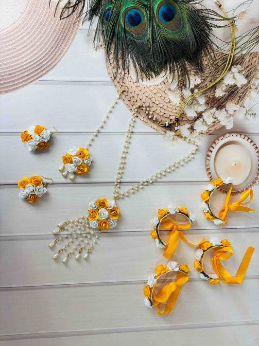 Yellow & White Floral Jewellery Set – Handmade Haldi, Mehendi & Baby Shower Collection