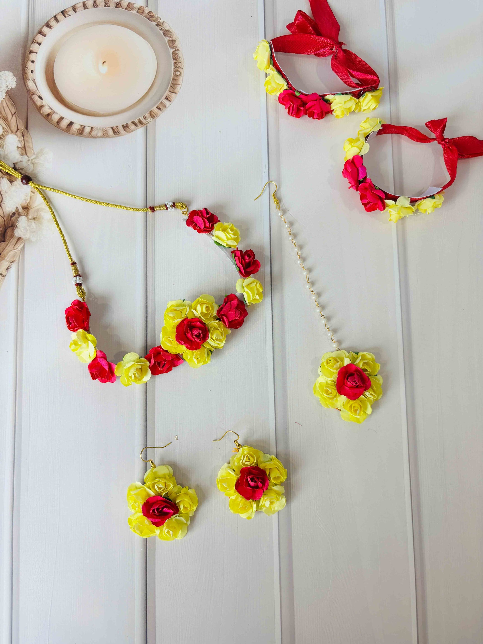 Red & Yellow Rose Floral Jewellery Set – Handmade Haldi & Mehendi Accessories