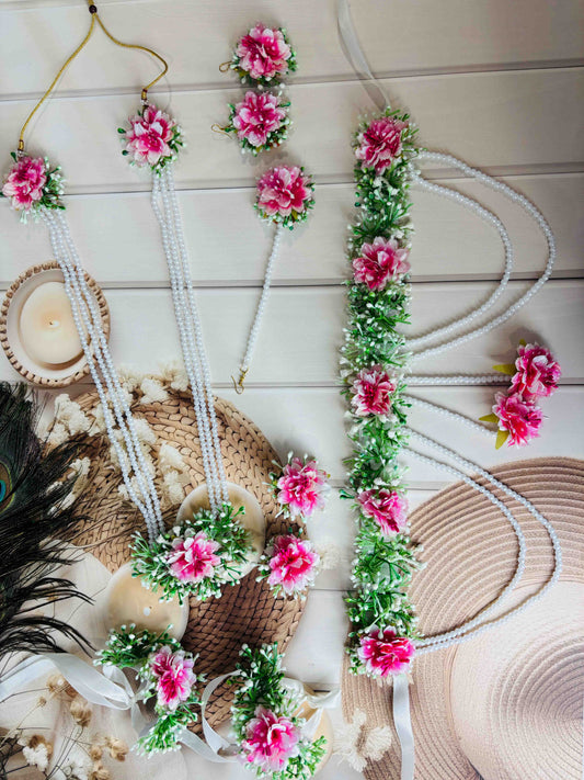 Pink & White Floral Jewellery Set – Handmade Haldi, Mehendi & Baby Shower Accessories