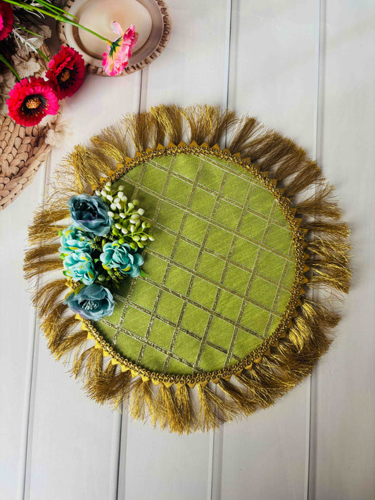 Green & Gold Floral Shagun Thali – Decorative Pooja & Wedding Plate