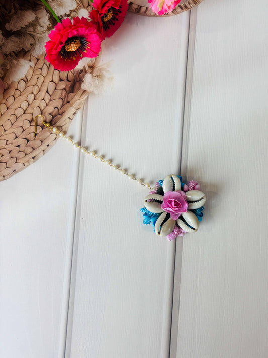 Pink Rose & Cowrie Shell Maang Tikka