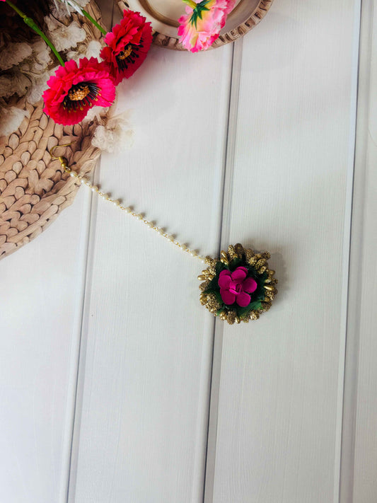 Magenta Rose & Golden Buds Floral Maang Tikka