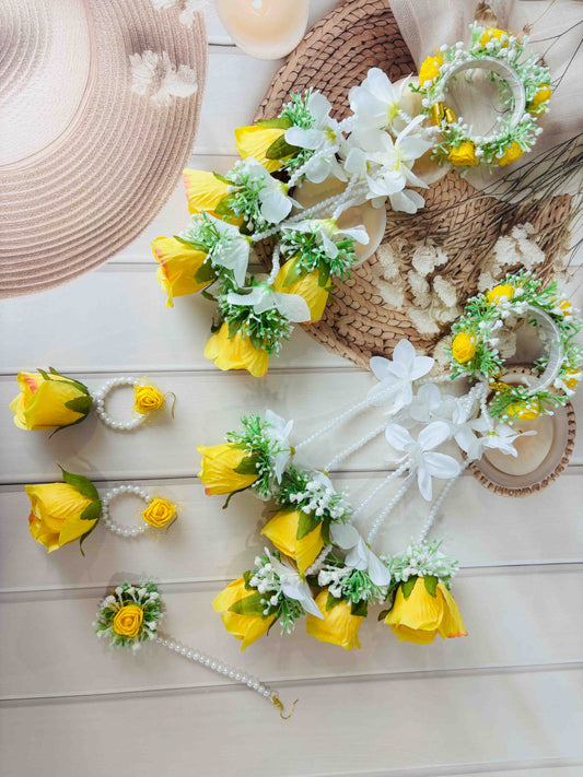 Yellow Rose Floral Jewellery Set with Kaleere – Handmade Haldi, Mehendi & Baby Shower Accessories