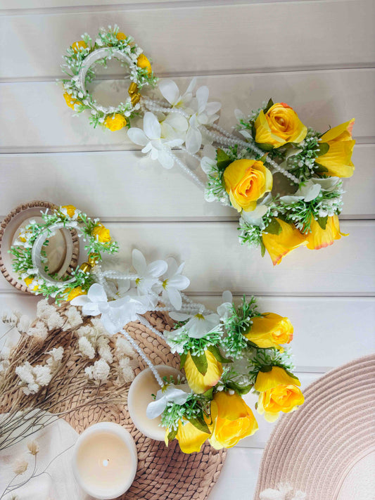 Yellow Rose & White Floral Hand Kaleere – Handmade Bridal Mehendi & Haldi Accessories