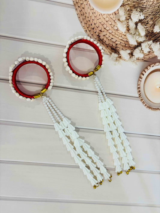 White Beaded Hand Kaleere with Green Stone – Handmade Bridal Mehendi & Wedding Accessories