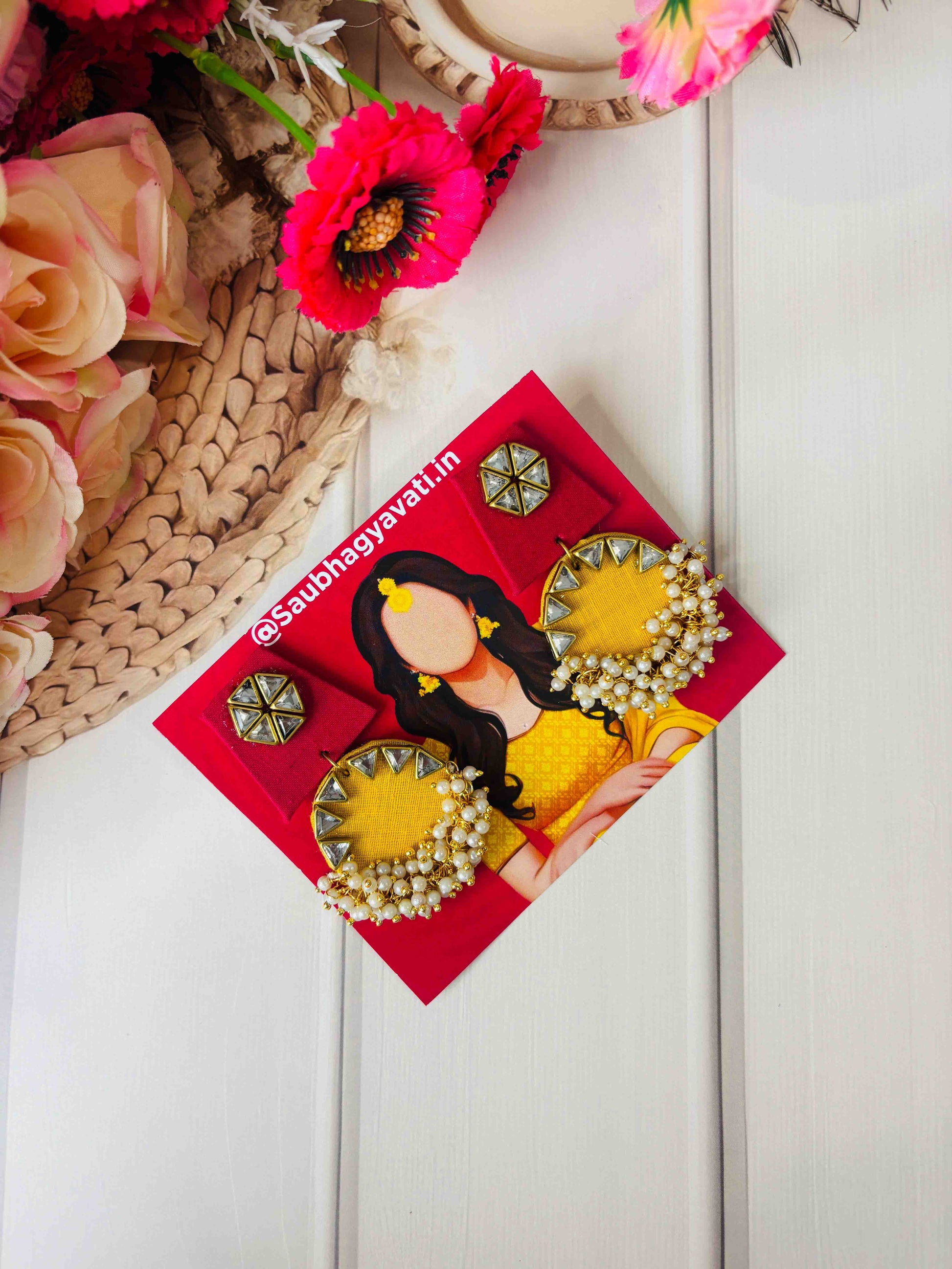 Yellow Mirror Work & Pearl Hoop Earrings – Handmade Haldi Mehendi Jewellery