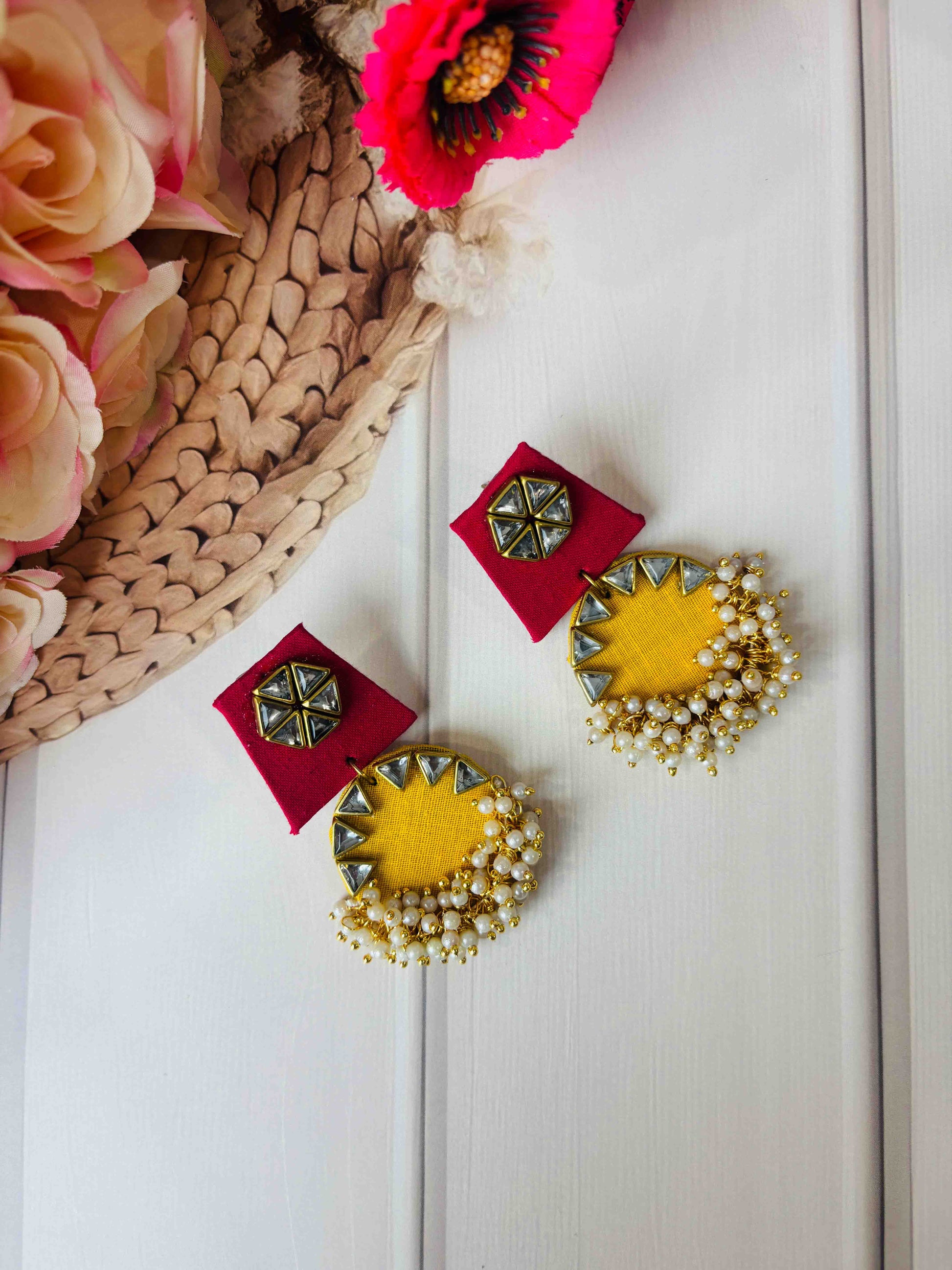 Yellow Mirror Work & Pearl Hoop Earrings – Handmade Haldi Mehendi Jewellery