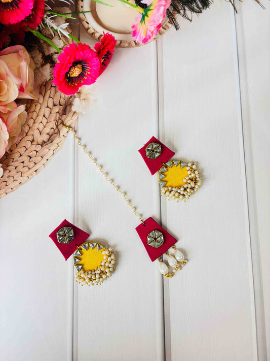 Red & Yellow Mirror Work Pearl Jewellery Set – Earrings & Maang Tikka for Haldi Mehendi